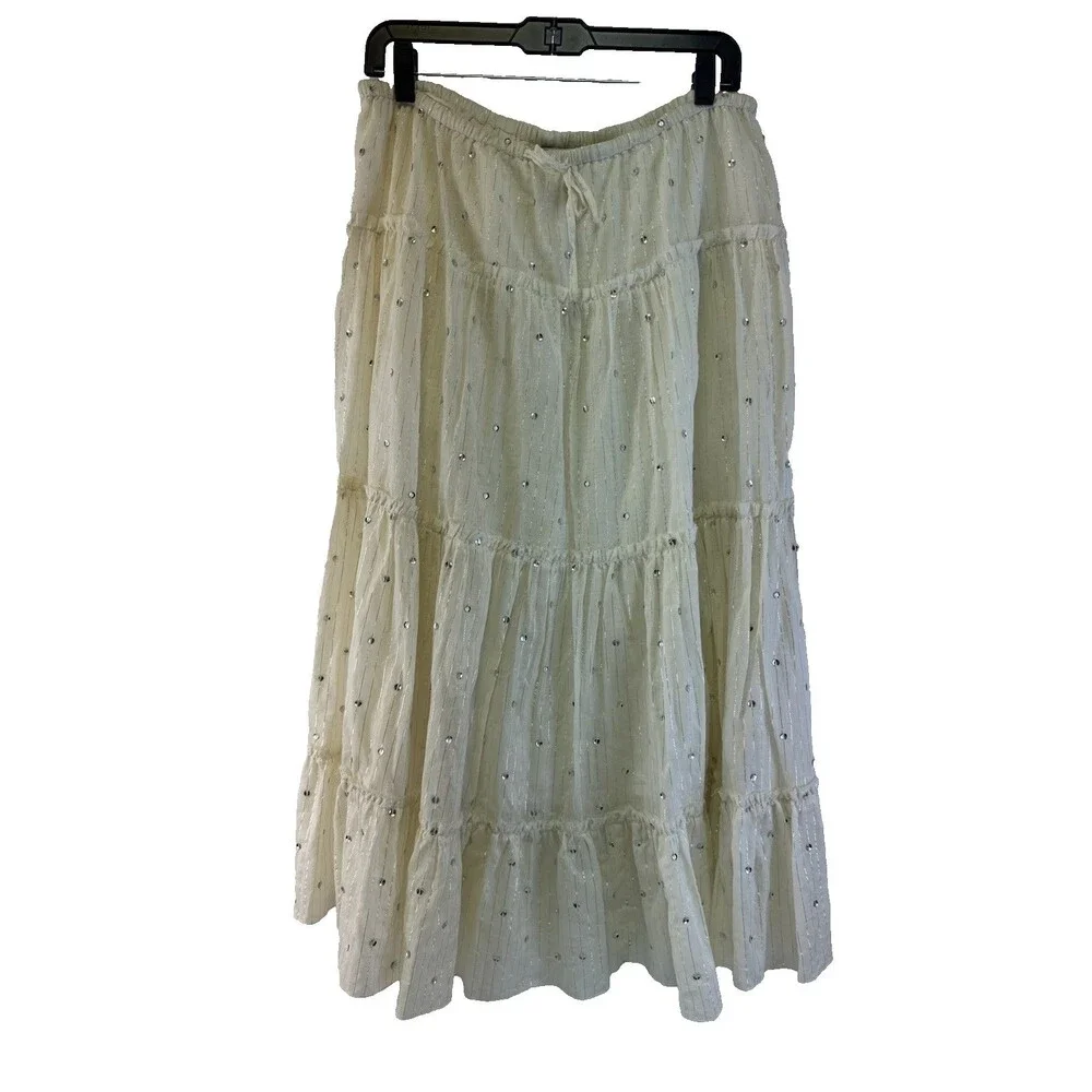 J Jill Tiered Maxi Skirt Sequins Ivory Drawstring Whimsey Cottage Fairy Petite M